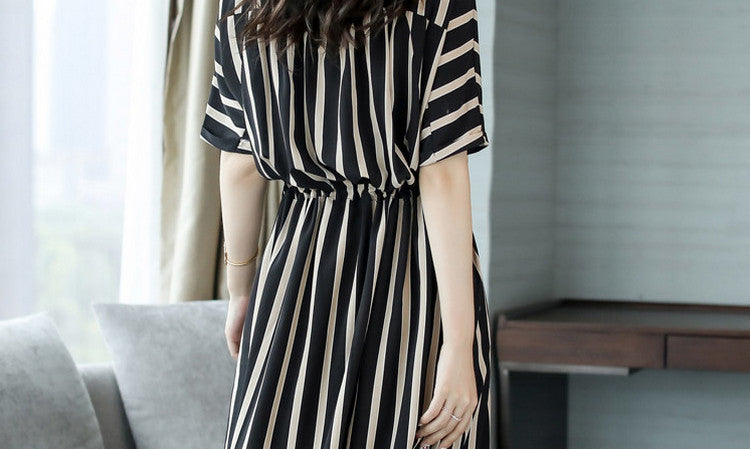 Beautiful Striped Dress2025Korean Style Lace-Up Waist-Cinching Loose Skirt Summer Mid-Length Plus Size Women's Clothing Wholesale