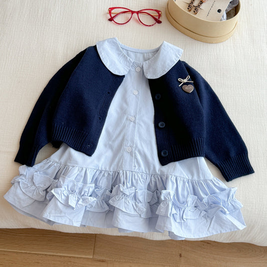 Sweet Little Girl Autumn Outfit Set New Autumn Navy Knitted Sweater Baby Shirt Skirt Fashion Two-Piece Set