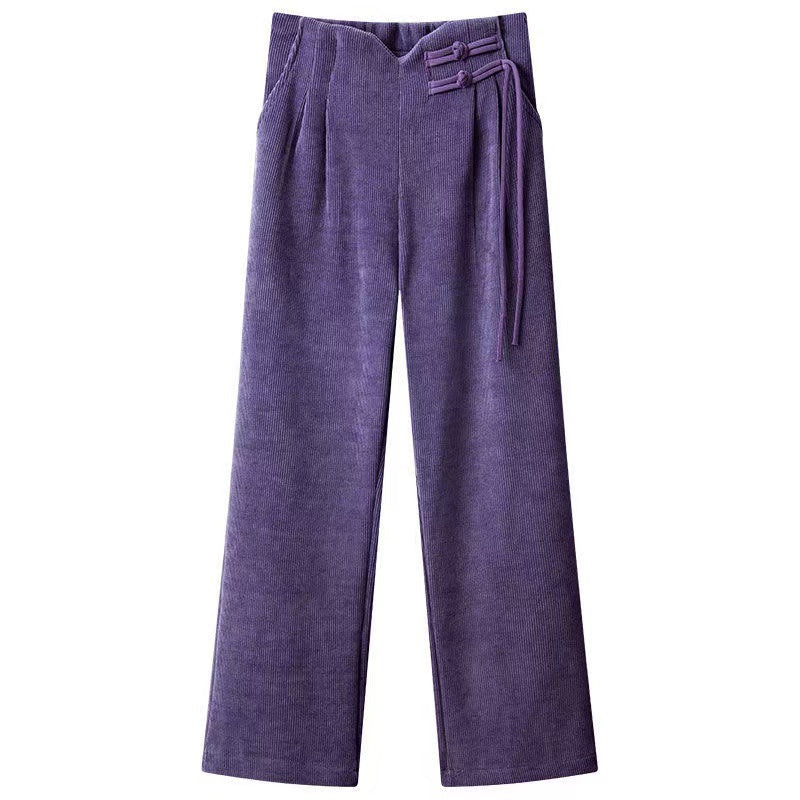 Maillard2025Autumn Winter New Chinese Style Buttoned Fleece Chenille Wide-Leg Pants for Women High Waist Draped Straight-Leg Casual Pants