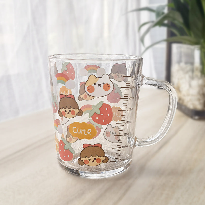 ins Glass Cup with Straw Milk Breakfast Cup Cute Cartoon Graduated Cup with Lid Spoon Gift Customization logo