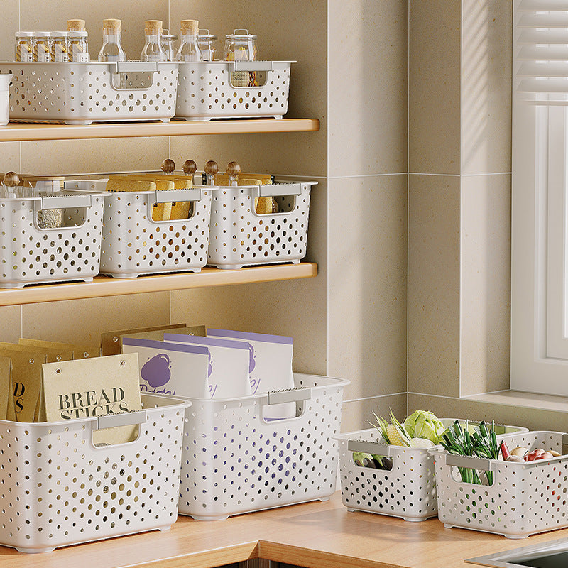 Japanese Style Kitchen Plastic Storage Basket Household Hollow Out Organizer Storage Box Handheld Bathroom Desktop Cosmetic Storage Basket