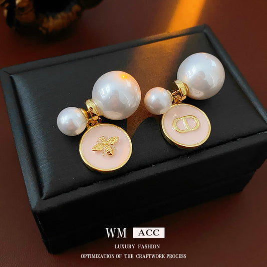 Real Gold Plated Silver Needle Oil Drop Pearl Earrings Versatile High-End Two-Way Wear Earrings French Retro Light Luxury Ear Jewelry