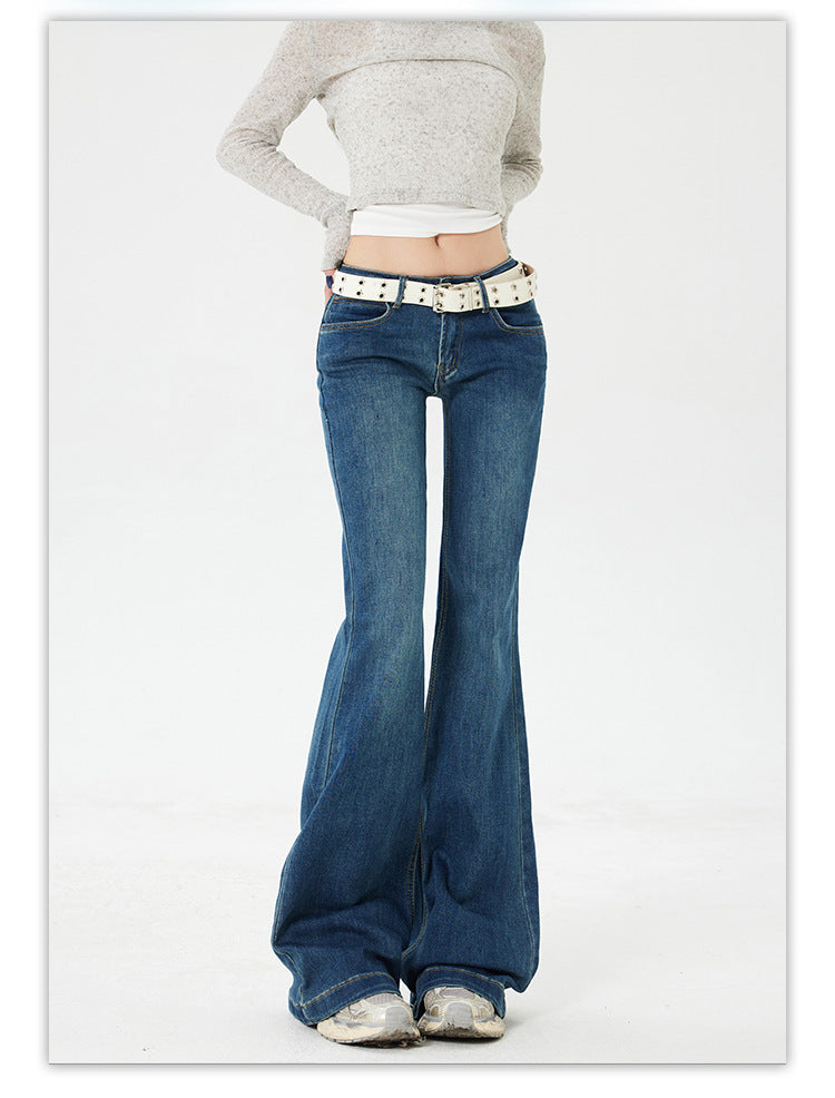 American Style Spicy Girl Retro Flared Jeans for Women Spring and Autumn2025New dark blue low-waist wide-leg floor-length pants