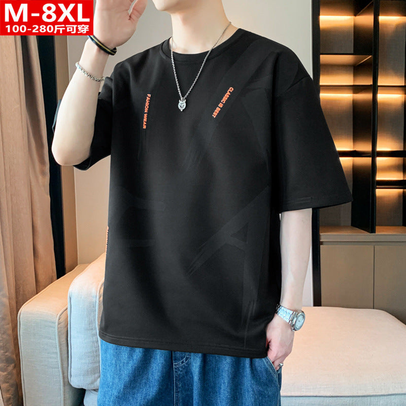 Summer Trendy Hong Kong Style Men's Printed Round Neck Short Sleeve T T-shirt Plus Size Loose Casual T-Shirt for Overweight Men