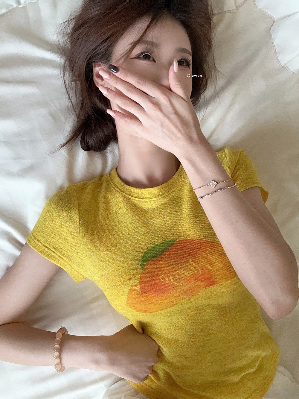 Korean Style chic Unique Youthful Dopamine Print Short Sleeve Slim Fit Round Neck Regular Shoulder Top T Women's Summer T-shirt