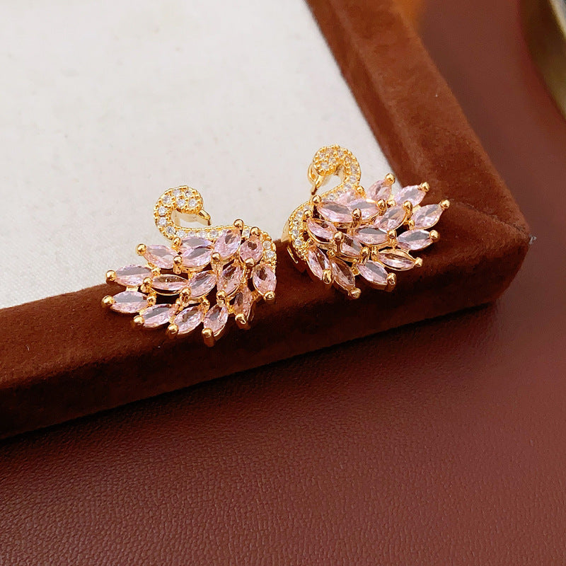 Real Gold Plated Silver Needle Zircon Swan Earrings Niche Light Luxury Exquisite ins Earrings with a high-end feel versatile for women