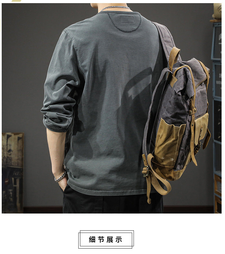2025New casual men's pure cotton long sleeves t Loose Thin Spring Autumn Trendy Brand Henley Collar Base Shirt Sweatshirt