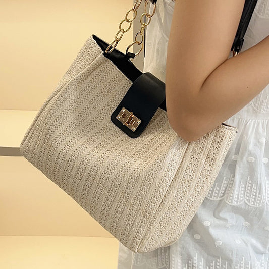 2025Women's Spring New Small Chanel Style Bag for Work Commute Versatile Straw Woven Large Capacity Wide Shoulder Strap Women's Single Shoulder Bag