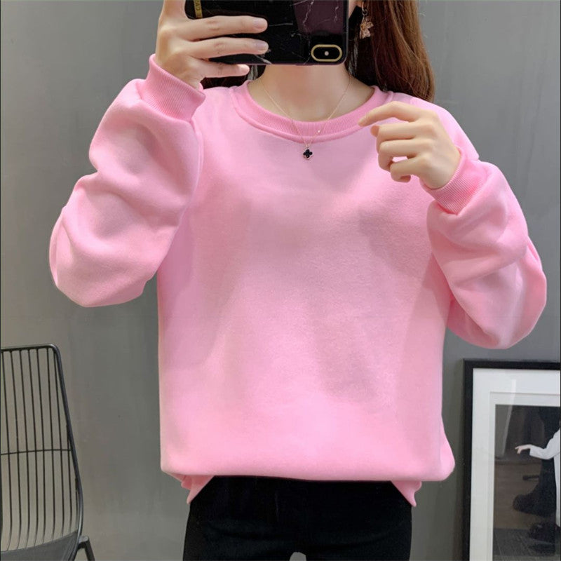 Plain Solid Color Round Neck Student Sweatshirt Fleece Lined Thick Loose Long Sleeve Top Blank Version Jacket Unisex Couple Outfit