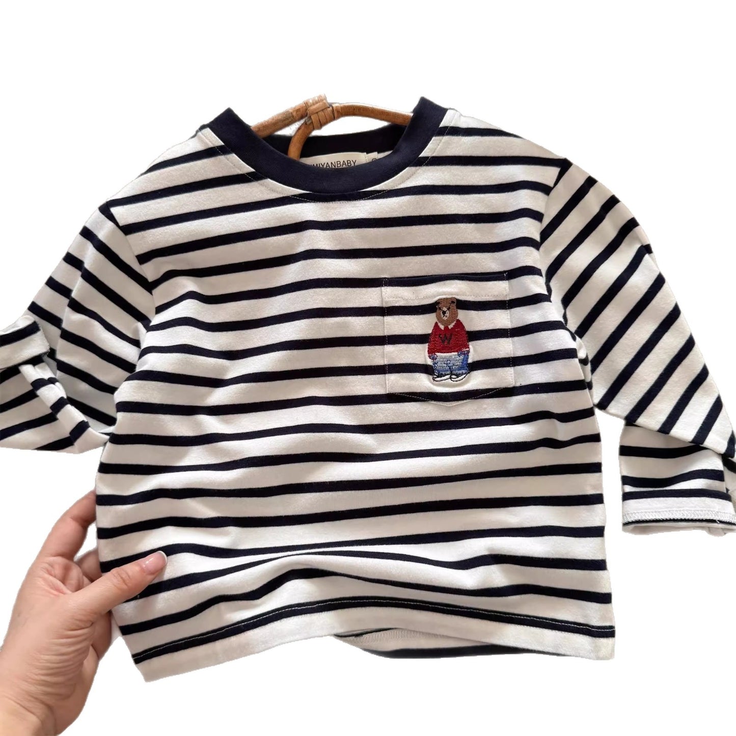Sweet Little Chef Children's Long Sleeve T Autumn Boys' Japanese Style Bear Base Shirt Baby Toddler Striped Inner Layer Top