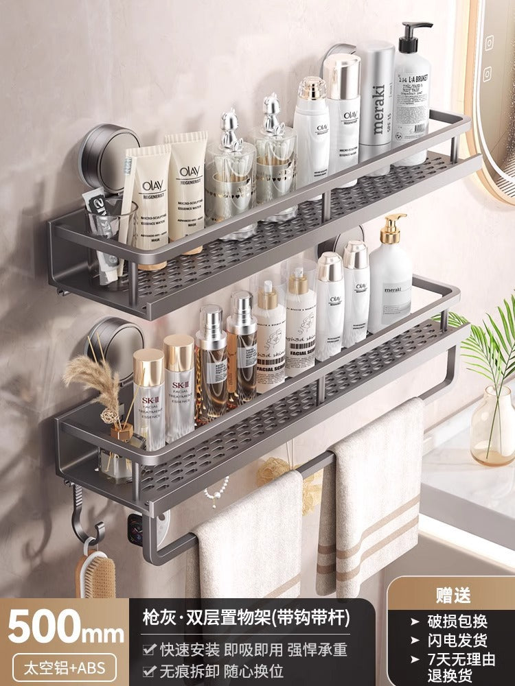 Space Aluminum Bathroom Suction Cup Storage Rack Wall-Mounted No-Drill Towel Rack Washstand Multifunctional Organizer