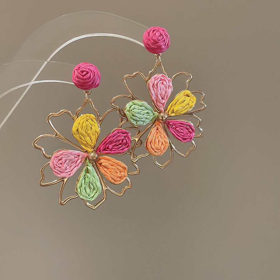 Resort Style Silver Needle Fabric Flower Tassel Earrings High-End Fashion Earrings Bohemian Sweet Exaggerated Ear Jewelry