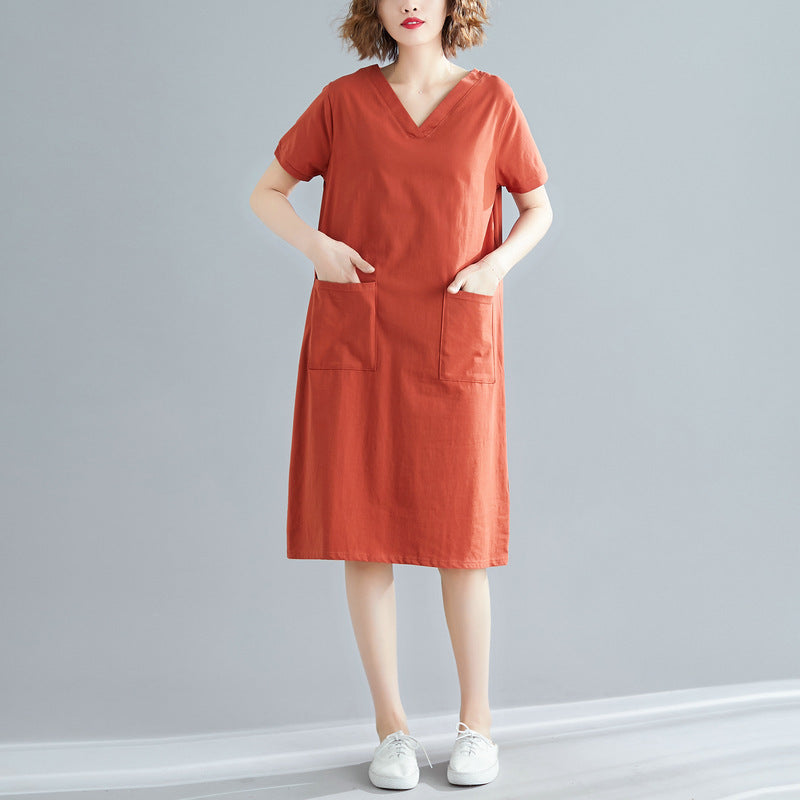 Plus Size Women's Summer Loose Korean Style Mid-Length Dress T Shirt and Skirt for Plus Size mm Solid Color V Collared Slimming Short Sleeve Dress