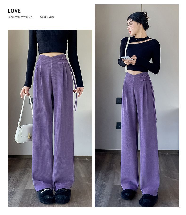 Maillard2025Autumn Winter New Chinese Style Buttoned Fleece Chenille Wide-Leg Pants for Women High Waist Draped Straight-Leg Casual Pants