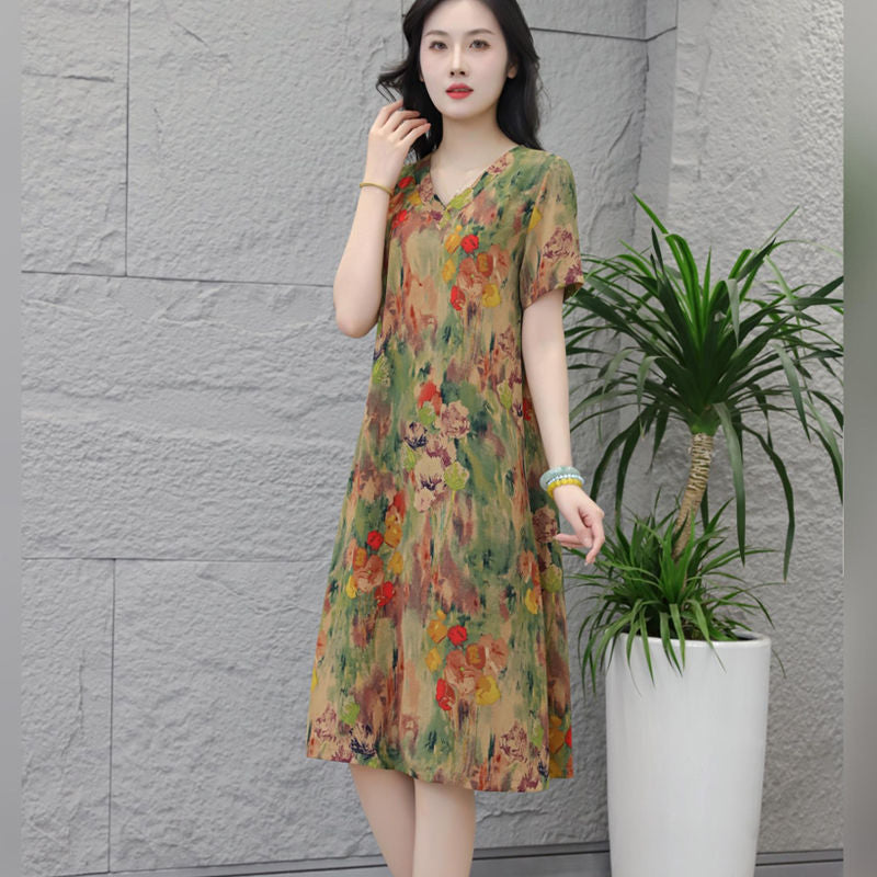 2025Summer New Style High-end Elegant Short Sleeve Dress Plus Size Fashionable Middle-aged Women Slimming Thin Dress