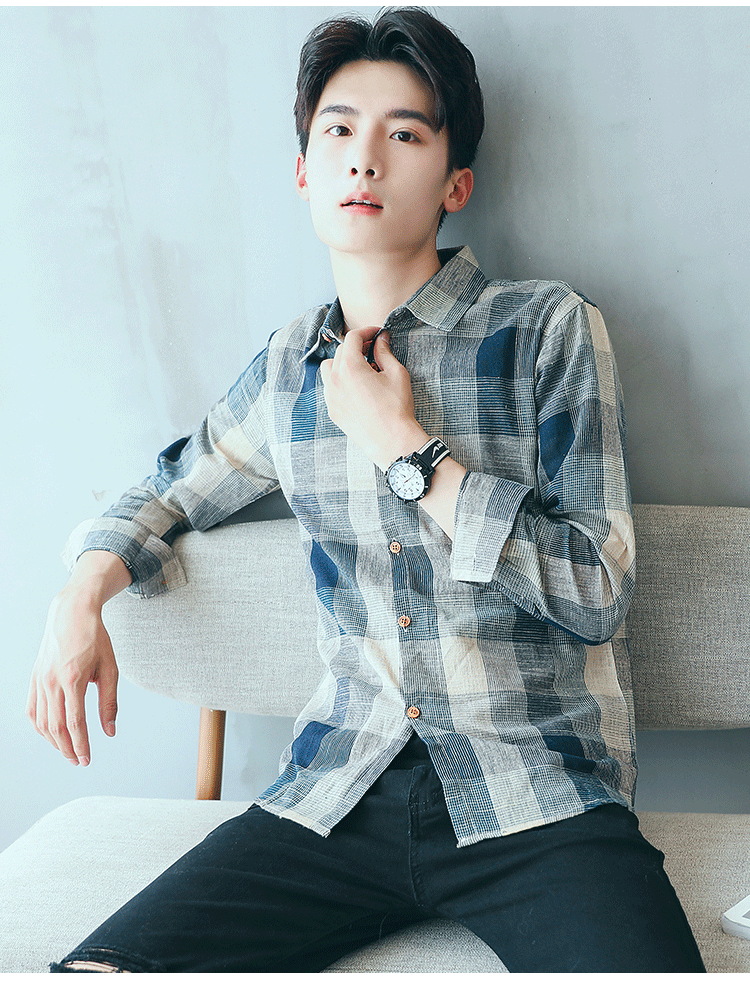 2025Plaid Long Sleeve Shirt Men Korean Version Slim Fit Youth Trendy Handsome Shirt Couple Casual Thin Shirt