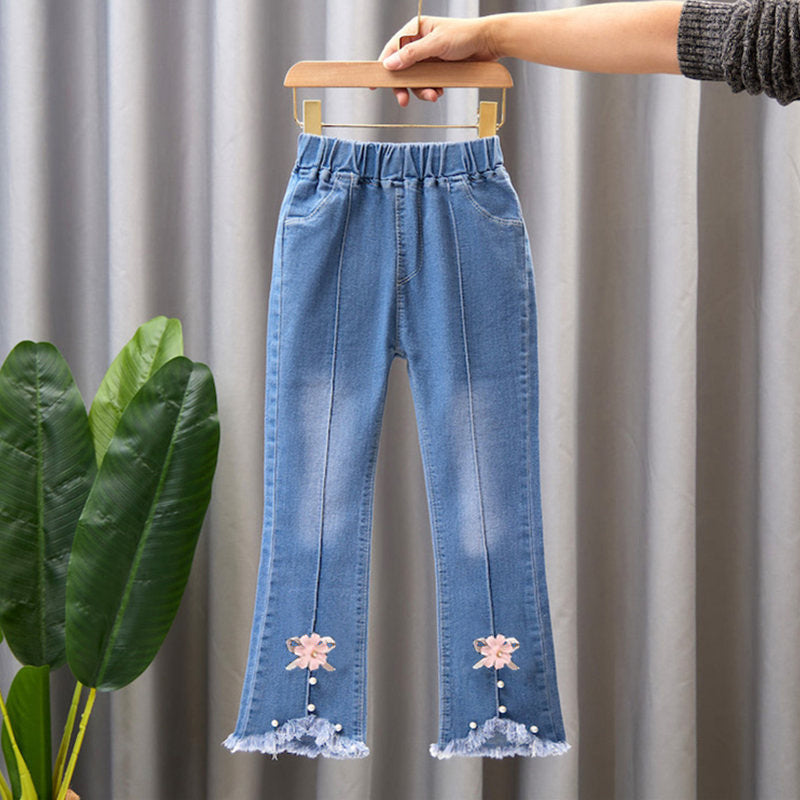 Children's Clothing Wholesale Girls' Jeans Spring and Autumn New Style Medium and Large Children's Slim Pants Baby Casual Girls' Flared Long Pants