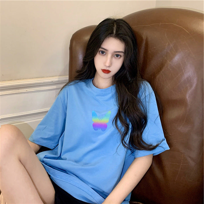 Summer2025New Year's Trendy Internet Celebrity Couple Outfit Reflective Butterfly Short Sleeve t Women's Summer T-shirt ins Super Popular Short Top