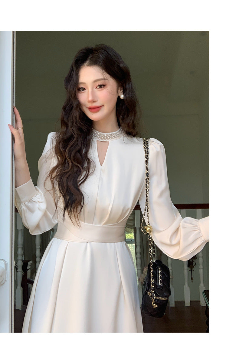 French A Line skirt2025Spring and Summer New Women's Long Sleeve Dress Waist Slimming Elegant Acetate Satin Long Dress