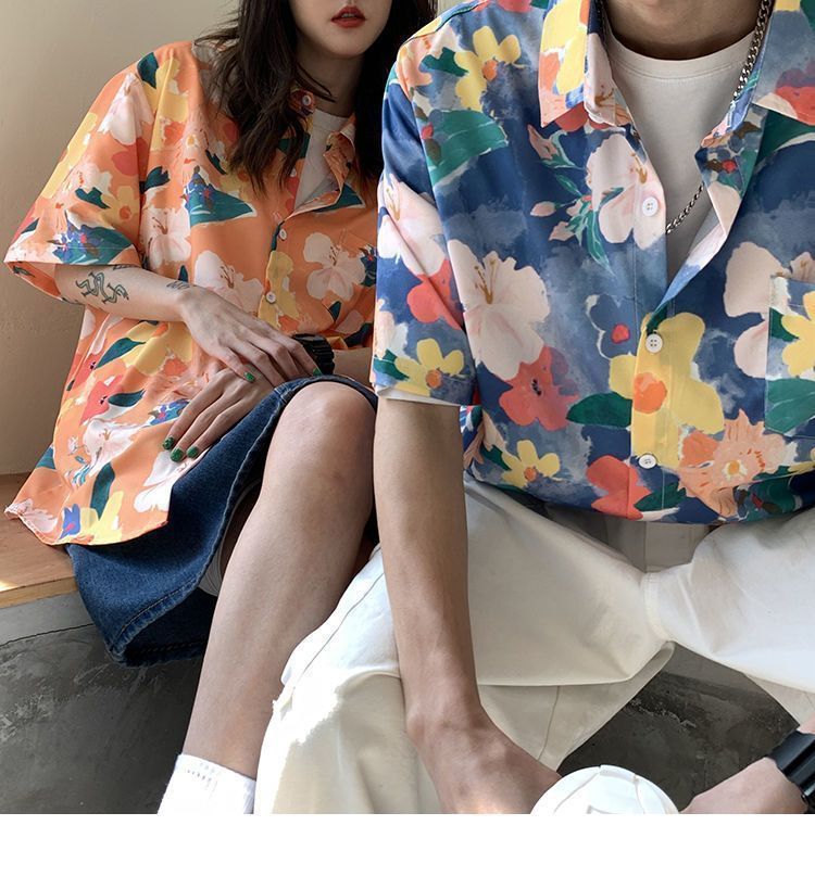 Summer Short Sleeve Floral Shirt for Men and Women Hawaiian Retro Hong Kong Style Loose Ice Silk Shirt Couple Outfit