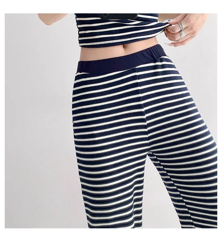 Home Lazy Relaxed Striped Slimming Wide-Leg Pants for Women Summer Hot Girl Fashion Camisole Vest Casual Two-Piece Set