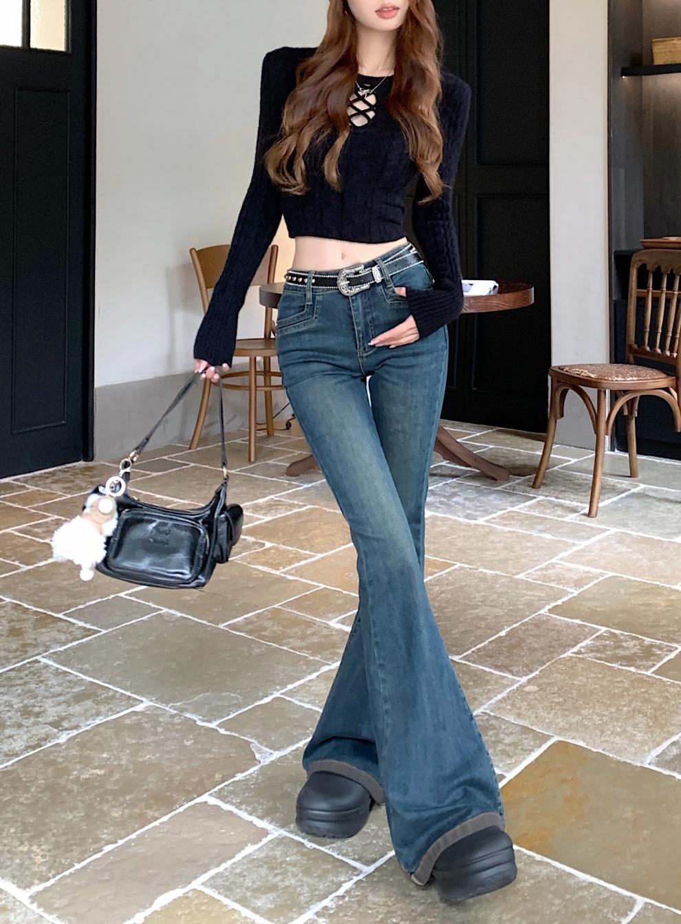 Washed Fleece-Lined Flared Jeans for Women, Autumn and Winter Vintage Slim High-Waisted Slimming Floor-Length Pants, Leg-Shaping