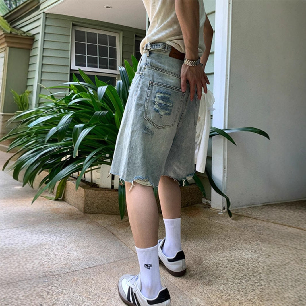 American Style Retro Washed Distressed Denim Shorts for Men Summer Cool Casual Loose Wide-Leg Five-Point Shorts