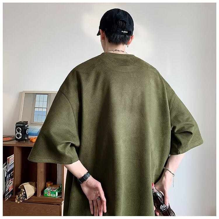 2025New Faux Suede Short Sleeve Men's Summer New American Style Heavyweight Trendy Loose Half Sleeve T Trendy Five-Sleeve Shirt