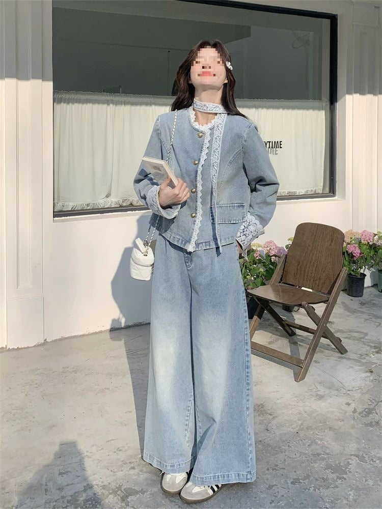 Lace patchwork denim wide-leg pants set for women spring and autumn2025The new two-piece set is absolutely stunning and super trendy