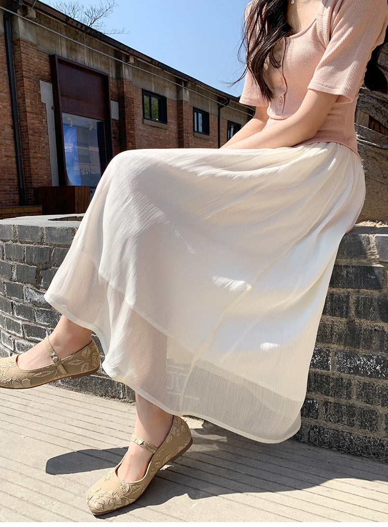 High-end Flowing Sheer Skirt for Women in Summer2025New Style Glassy Sheer Large Hem Mid-Length Draped a Women's pleated skirt
