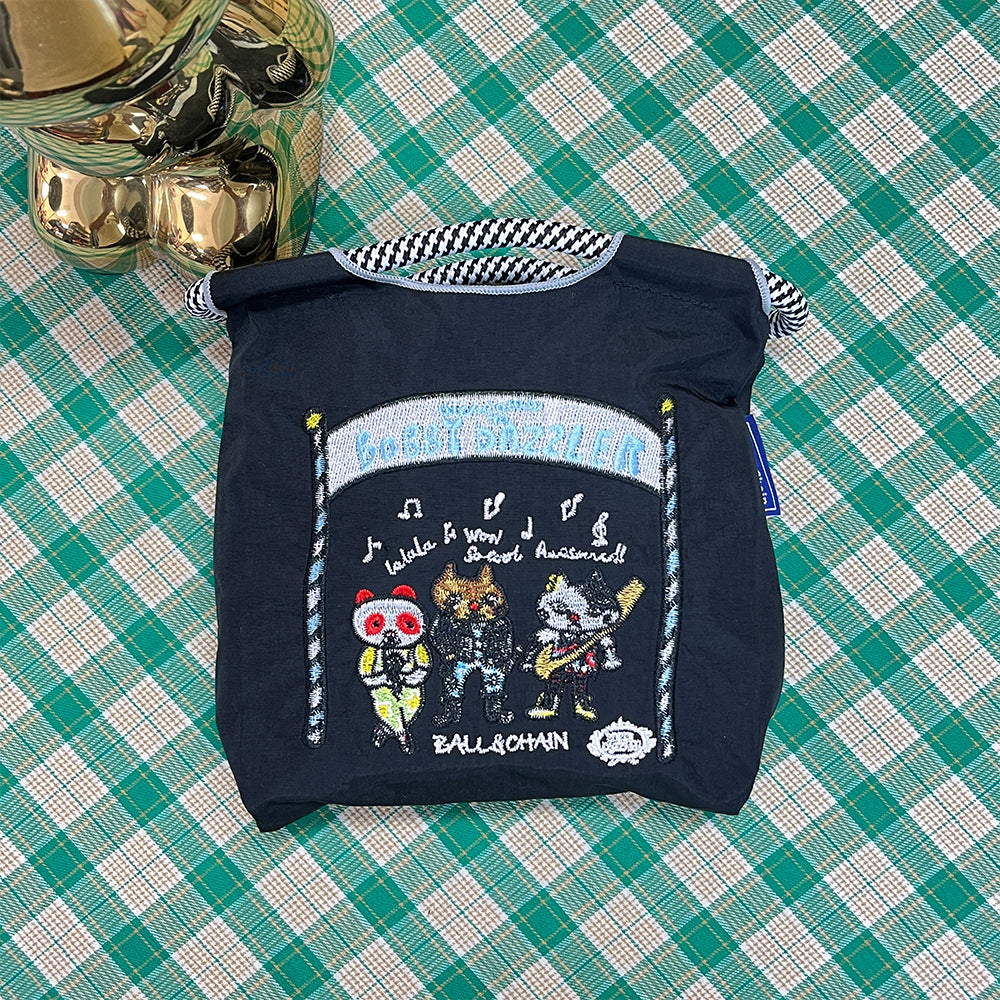Japanese Style BallChain Same Style Eco-Friendly Embroidered Shopping Bag Nylon Fabric Floral Handheld Niche Fashion Shopping Bag