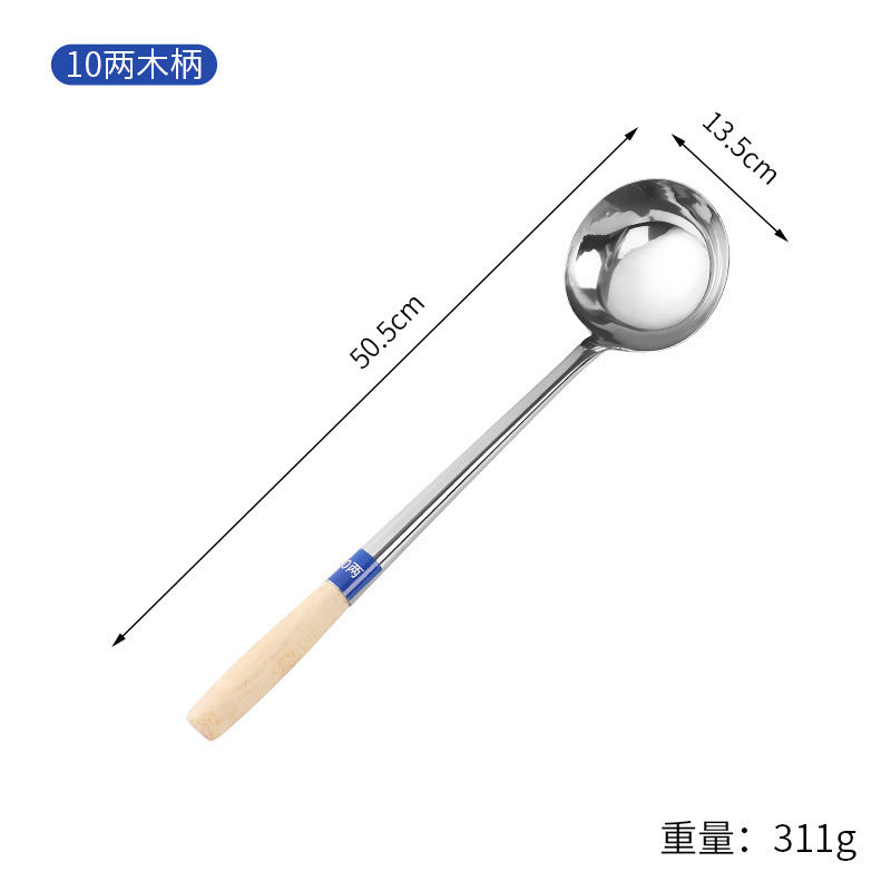 Stainless Steel Stir-Fry Spoon Chef's Stirring Spoon Long Handle Soup Spoon Serving Spoon Stir-Fry Spoon Kitchen Spatula Wooden Handle Pot Spatula Spoon