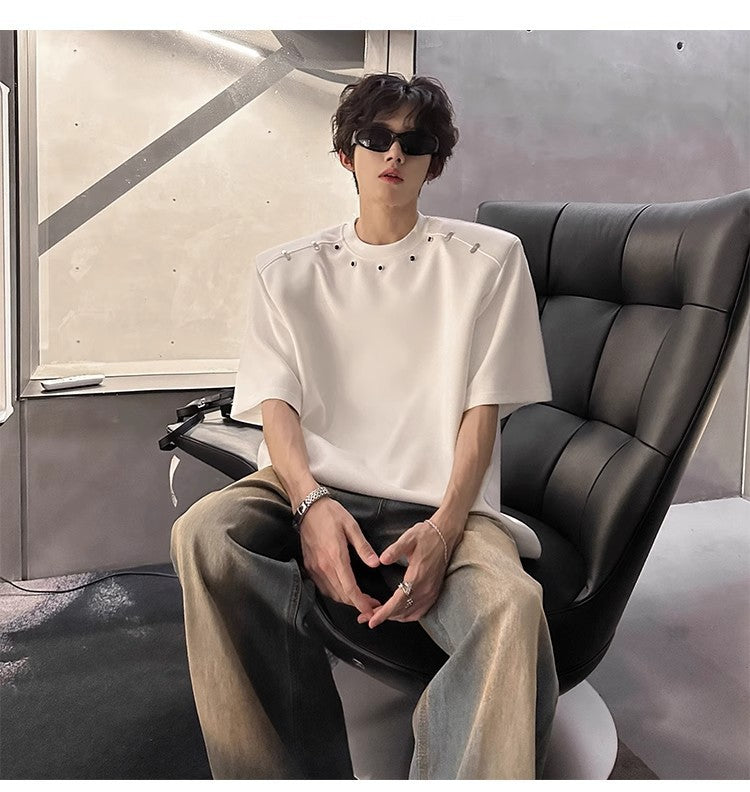 2025High-end Stylish Padded Shoulder Short Sleeve T Men's Summer Shirt with Unique Metal Decoration Design Heavyweight Top t T-shirt