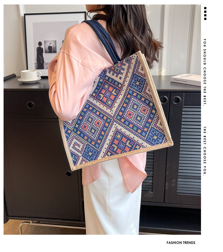 Large Capacity Commuter Bag Women2023New Fashion Single Shoulder Tote Bag Ethnic Style Student Handbag Class Bag Trendy