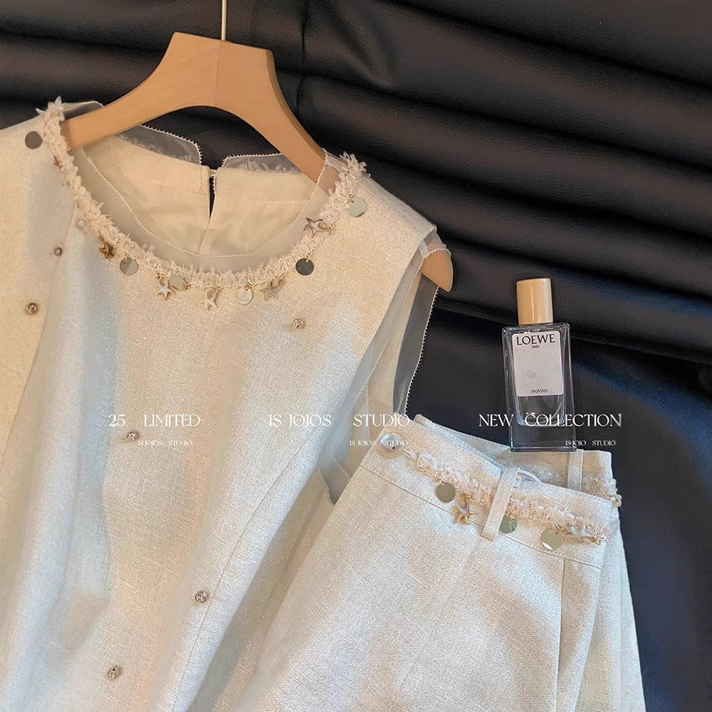 【Self-produced and self-sold, can accept orders】Shell Beaded Set for Women Summer Playful Youthful Versatile Shorts Two-Piece Set