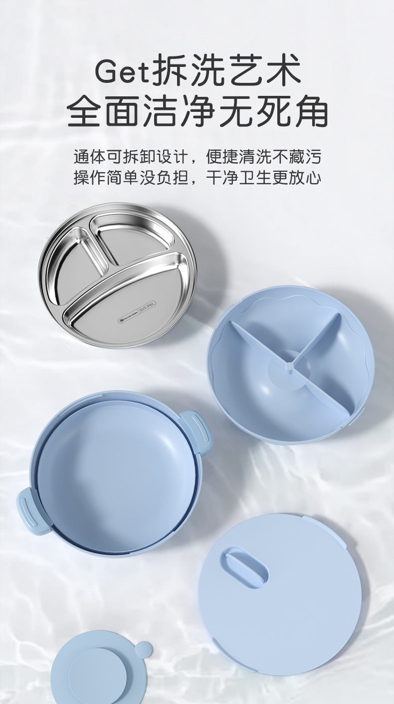 goryeobaby Children's Stainless Steel Plate Baby Suction Bowl Water-Insulated Bowl Baby Divided Plate Baby Food Utensils