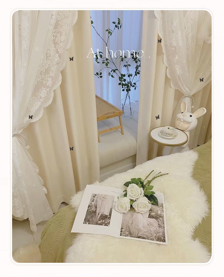 New Cream Style Curtains Cozy Bedroom Blackout Lace Double Layer Fabric Sheer Integrated Bay Window Floor-to-Ceiling Thickened High-End