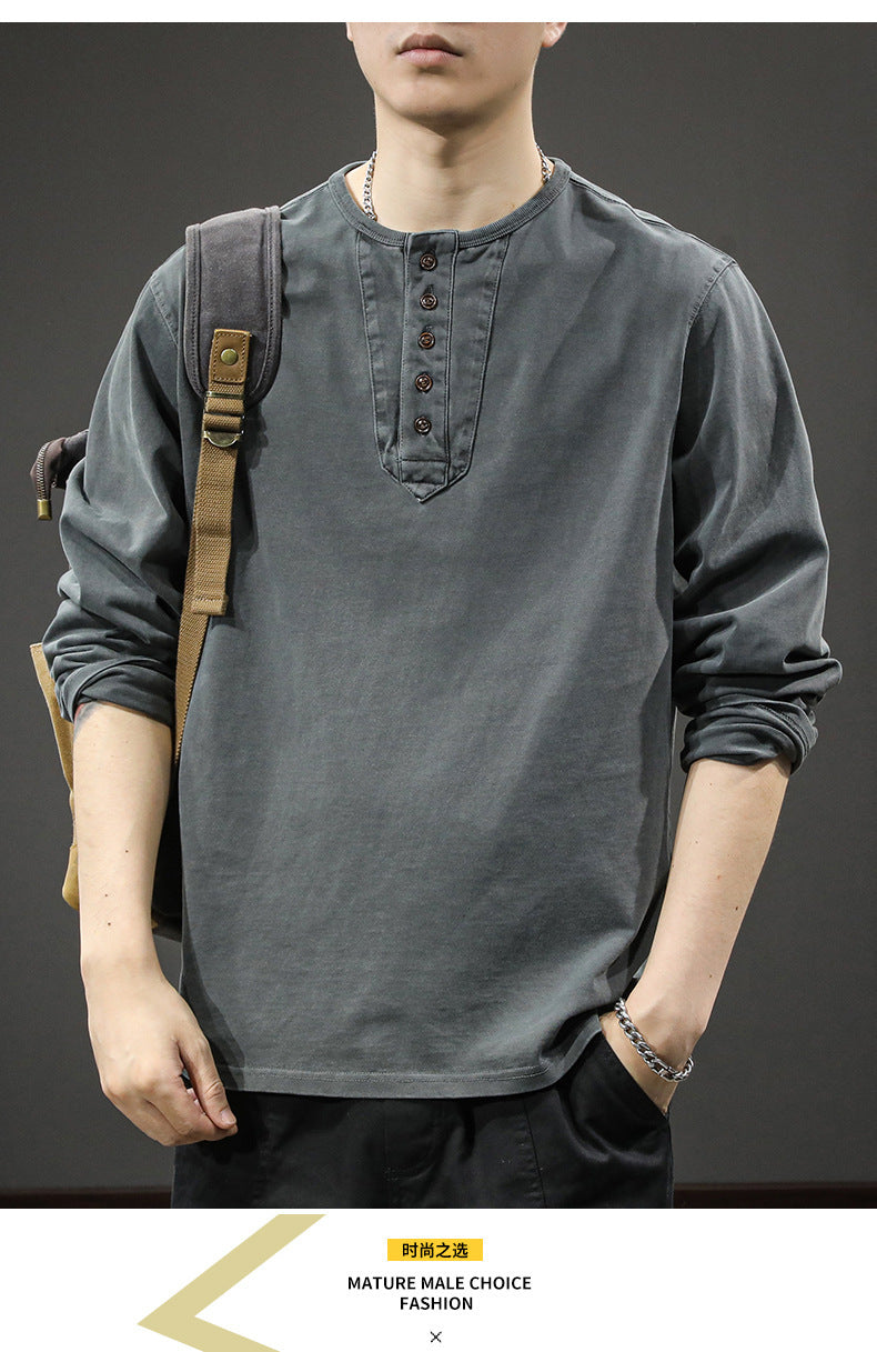 2025New casual men's pure cotton long sleeves t Loose Thin Spring Autumn Trendy Brand Henley Collar Base Shirt Sweatshirt
