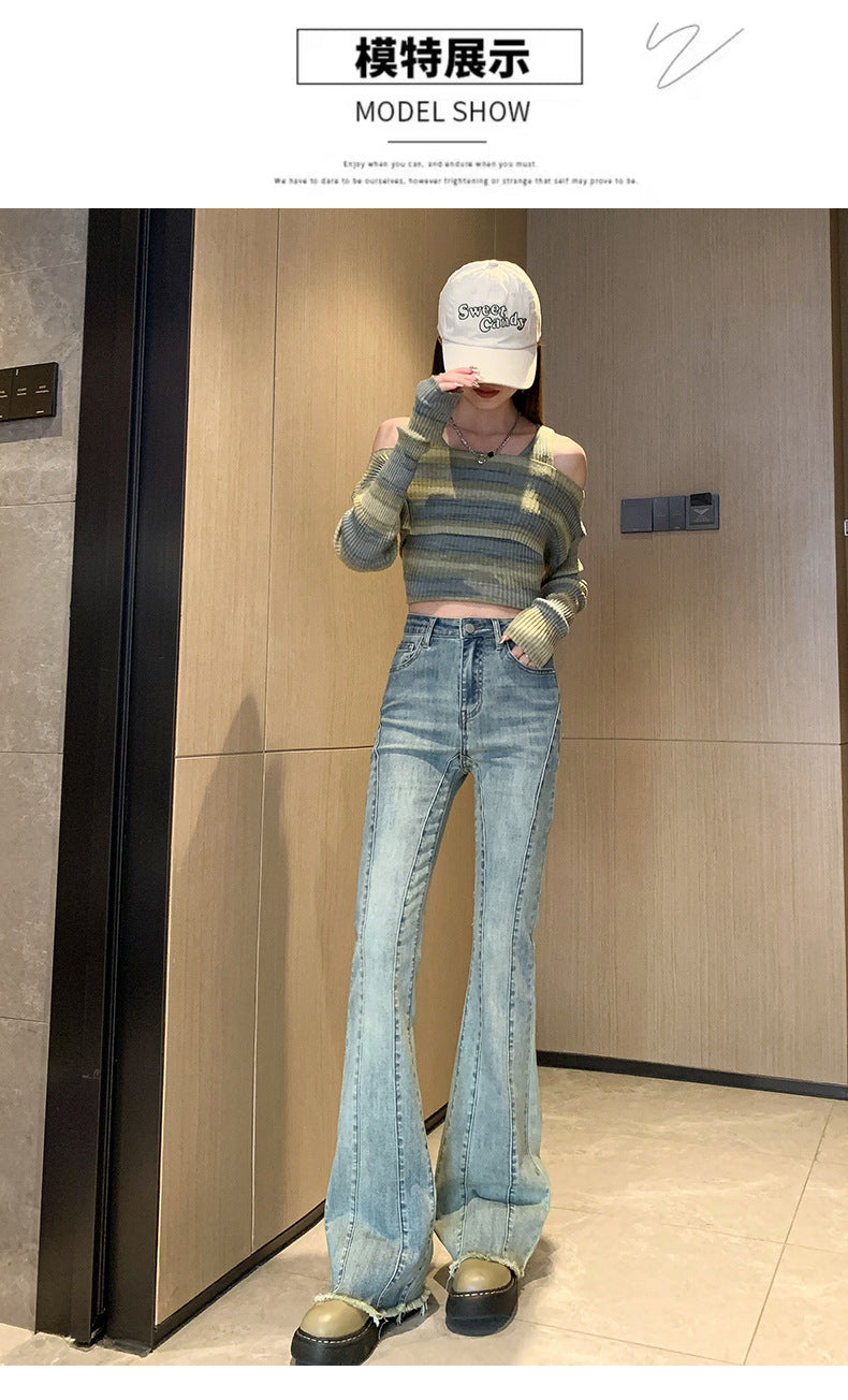 1223Flared Jeans for Women Summer Thin Pear Shape Body Lift Tummy Control Denim Bell Bottom Patchwork Fashion Pants