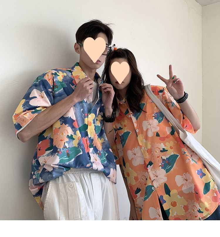 Summer Short Sleeve Floral Shirt for Men and Women Hawaiian Retro Hong Kong Style Loose Ice Silk Shirt Couple Outfit