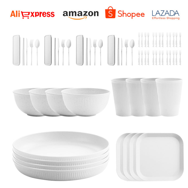TEMU Amazon Wheat Straw Plate Bowl Cup Tableware Set Household Dining Plate Rice Bowl Water Cup Tableware Set Eco-friendly