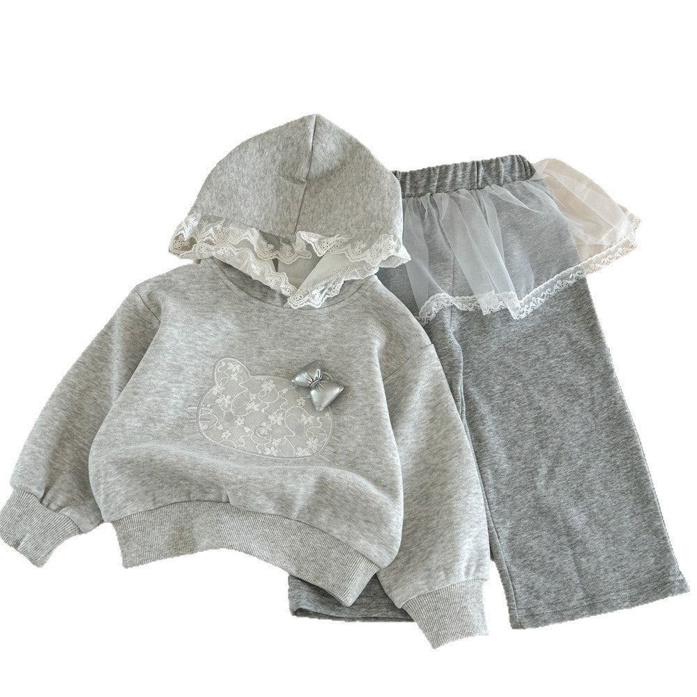 Sweet Little Girl Outfit Autumn New Fashionable Children's Stylish Girl Sweatshirt and Sweatpants Cartoon Print Two-Piece Set