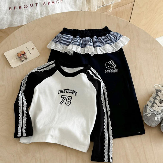 Sweet Little Girl Outfit2025Autumn Cartoon Print Long Sleeve T Trendy Fashionable Casual Cargo Pants with Curtain Design