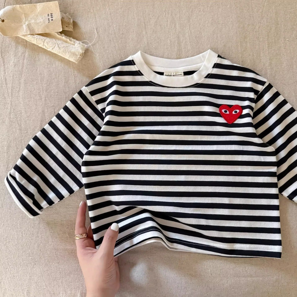 Sweet Little Chef Children's Long Sleeve T Shirt25Autumn New Boys' Japanese Style Striped T Baby Toddler Stylish All-Cotton Base Shirt