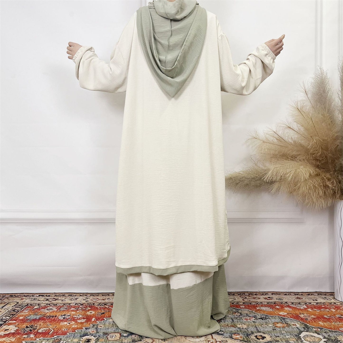 2024Aliexpress Muslims Fashion Women's Two-Piece Set with Bowknot, Solid Color Double-Layer Hat and Robe Set