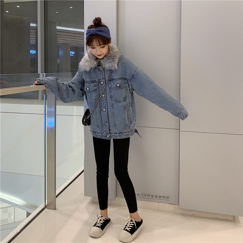 Cross-Border2022Winter New Korean Style Loose Thickened Fleece Rabbit Fur Inner Large Fur Collar Denim Jacket Women's Cotton Coat