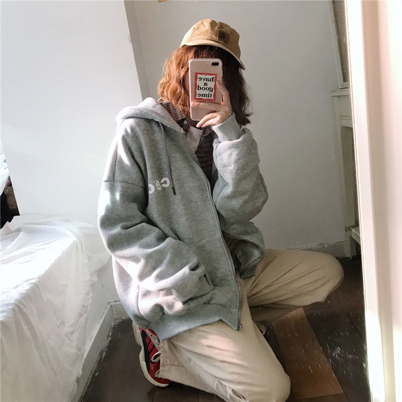 2025Autumn Winter New Couple Outfit Korean Style Printed Zipper Cardigan Hooded Fleece Sweatshirt Loose Fit Student Jacket for Women