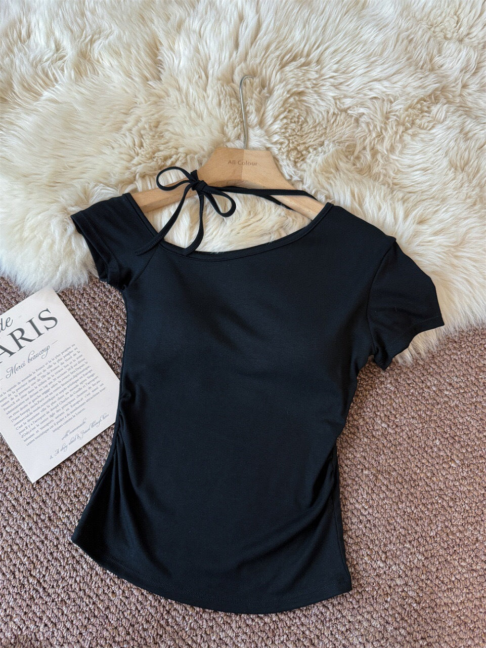 Purple Sexy Off-Shoulder Lace-Up Short Sleeve T Women's Summer Slim Fit Waist-Cinching American Style Hot Girl Halter Neck Top