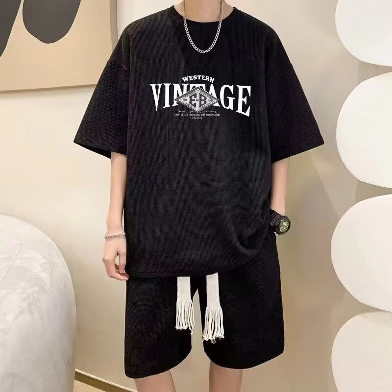 Summer Teenage Suit Boys Short Sleeve T T-shirt Short Sleeve New Style High School Student Trendy Casual Sports Two Pieces