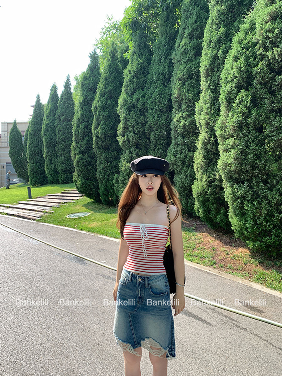 Chestnut Cocoa Bankelili'Blue Coastline'High-Level Spicy Girl Knitted Striped Tube Top Vest for Women Pure Desire
